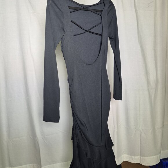 Y2K Form Fitting Black Dress with Open Back Detail, Ruffle Bottom, Small - Picture 2 of 3